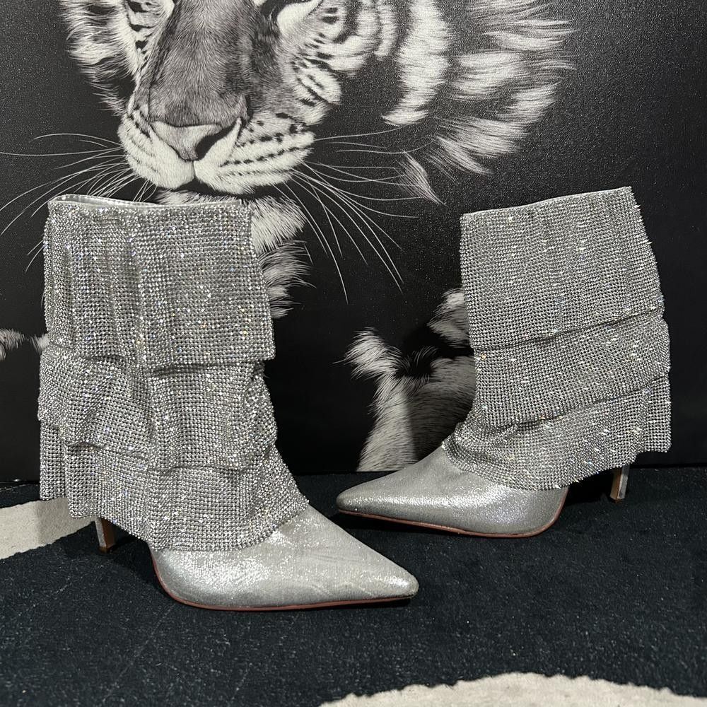 Azalea Wang Chilton Silver Ankle Bootie Boot Women's 8.5 Chainmail Drape Party